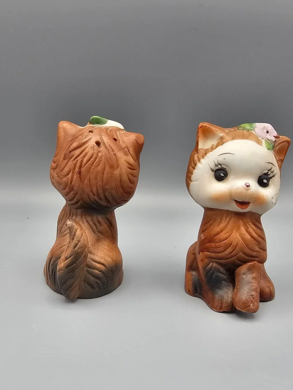 Vintage Ceramic Cat Salt and Pepper Shakers with Floral Detail